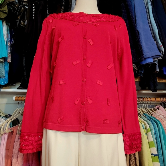 ANN TRINITY ♡ Gorgeous Red Ribbon Sequin Embellished Bling Button Front Blouse M - Picture 17 of 17